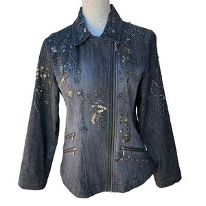 Chico's Dark Blue Embellished Denim Jacket size 1 (6-8)